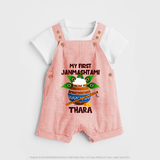 Krishna's Little Devotee My First Janmashtami Dungaree Set | Custom Baby Dungaree Set for Krishna's Day - PEACH - 0 - 5 Months Old (Chest 18")