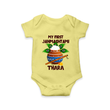 Krishna's Little Devotee My First Janmashtami Romper/Onesie | Custom Baby Romper/Onesie for Krishna's Day - PASTEL YELLOW - New Born (Chest 14")
