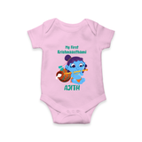 Krishna's Little Devotee My First Krishnashtami Romper/Onesie | Personalized Baby Outfit - BABY PINK - New Born (Chest 14")