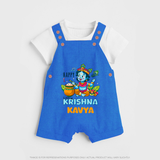 Happy Little Krishna Dungaree Set | Custom Baby Dungaree Set for Krishna - COBALT BLUE - 0 - 5 Months Old (Chest 18")