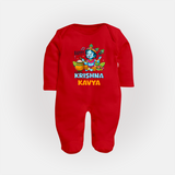 Happy Little Krishna Sleep Suit | Custom Baby Sleep Suit for Krishna - RED - New Born (Chest 7.5")