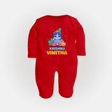 Blessed By Krishna Sleep Suit | Personalized Baby Sleep Suit for Krishna Lovers - RED - New Born (Chest 7.5")