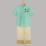 The Butter Thief Shirt And Dhoti | Custom Baby Shirt And Dhoti for Krishna's Mischievous Baby - AQUA GREEN - 0 - 6 Months Old (Chest-23") (Dhoti length-14")