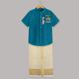 The Butter Thief Shirt And Dhoti | Custom Baby Shirt And Dhoti for Krishna's Mischievous Baby - PEACOCK BLUE - 0 - 6 Months Old (Chest-23") (Dhoti length-14")