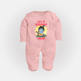 Jai Shri Krishna Sleep Suit/full sleeve body suit | Custom Sleep Suit/full sleeve body suit for Your Little Kanna - BABY PINK - New Born (Chest 7.5")