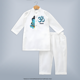 Om Kurta Set | Personalized Baby Kurta Set for Shiva Worship - WHITE - 3 - 6 Months Old (Chest 24", Kurta Length 14'', Waist 19", Pant Length 14")
