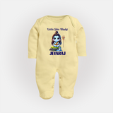 Little Shiv Bhakt Kids Fullbody Suit – Personalized Devotional Wear - PASTEL YELLOW - New Born (Chest 7.5")