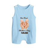 Our First Mother’s Day Baby BUTTON ROMPER Set – Baby Feet Theme Outfit - BABY BLUE - New Born (Chest 18")