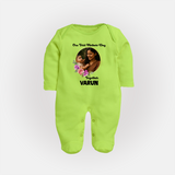 Our First Mother’s Day Together Personalized Baby FULL BODY SUIT – Custom Photo & Name Outfit - LIME GREEN - New Born (Chest 7.5")