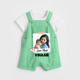 Love Mom Personalized Baby DUNGAREESet – Polaroid Style Custom Photo & Name Outfit - GREEN - 0 - 5 Months Old (Chest 18")
