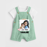 Love Mom Personalized Baby DUNGAREESet – Polaroid Style Custom Photo & Name Outfit - MINT GREEN - 0 - 5 Months Old (Chest 18")