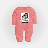 Love Mom Personalized Baby FULL BODY SUIT – Polaroid Style Custom Photo & Name Outfit - PEACH - New Born (Chest 7.5")
