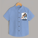 Love Mom Personalized Baby SHIRT – Polaroid Style Custom Photo & Name Outfit - SKY BLUE - 0 - 6 Months Old (Chest 23")