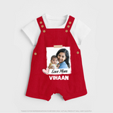 Love Mom Personalized Baby DUNGAREESet – Polaroid Style Custom Photo & Name Outfit - RED - 0 - 5 Months Old (Chest 18")