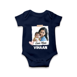 Love Mom Personalized Baby ROMPER Set – Polaroid Style Custom Photo & Name Outfit - NAVY BLUE - New Born (Chest 14")