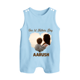 Our First Mother’s Day Personalized Baby BUTTON ROMPERSet – Minimal Heart Photo Design (Custom Name) - BABY BLUE - New Born (Chest 18")