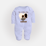 Our First Mother’s Day Personalized Baby FULL BODY SUIT – Minimal Heart Photo Design (Custom Name) - BABY BLUE - New Born (Chest 7.5")