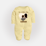 Our First Mother’s Day Personalized Baby FULL BODY SUIT – Minimal Heart Photo Design (Custom Name) - PASTEL YELLOW - New Born (Chest 7.5")