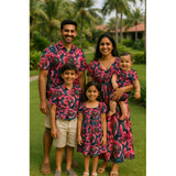 "Midnight Bloom Family Outfit Set – coordinated pink and purple floral outfits for dad, mom, boy, girl, and baby"