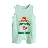 My First Navratri Footprint Personalized Button Romper - MINT GREEN - New Born (Chest 18")