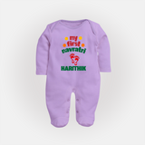 My First Navratri Footprint Personalized Full Body Suit - LILAC - New Born (Chest 7.5")
