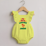 My First Navratri Footprint Personalized Romper Frock - PASTEL YELLOW - 0 - 3 Months Old (Chest 19")