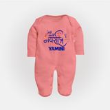 Meri Pehli Navratri Traditional Personalized Full Body Suit - PEACH - New Born (Chest 7.5")