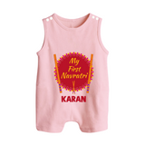 My First Navratri Dandiya Badge Personalized Button Romper - BABY PINK - New Born (Chest 18")