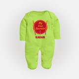 My First Navratri Dandiya Badge Personalized Full Body Suit - LIME GREEN - New Born (Chest 7.5")