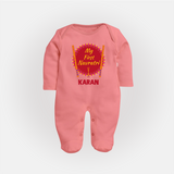 My First Navratri Dandiya Badge Personalized Full Body Suit - PEACH - New Born (Chest 7.5")