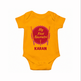 My First Navratri Dandiya Badge Personalized Romper - CHROME YELLOW - New Born (Chest 14")
