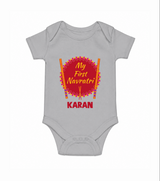 My First Navratri Dandiya Badge Personalized Romper - GREY - New Born (Chest 14")