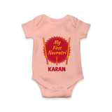 My First Navratri Dandiya Badge Personalized Romper - PEACH - New Born (Chest 14")