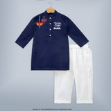 Dandiya Night Diya Illustration Personalized Kids Kurta - NAVY BLUE - 3 - 6 Months Old (Chest 24", Kurta Length 14'', Waist 19", Pant Length 14")