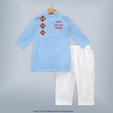 Happy Navratri Diamond Motif Personalized Kids Kurta - BABY BLUE - 3 - 6 Months Old (Chest 24", Kurta Length 14'', Waist 19", Pant Length 14")
