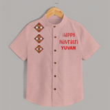 Happy Navratri Diamond Motif Personalized Kids Shirt - PEACH - 0 - 6 Months Old (Chest 23")
