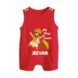 My First Onam Mahabali Button Romper - RED - New Born (Chest 18")