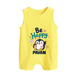 Be Happy Penguin Personalized Button Romper - PASTEL YELLOW - New Born (Chest 18")