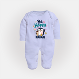 Be Happy Penguin Personalized Full Body Suit - BABY BLUE - New Born (Chest 7.5")