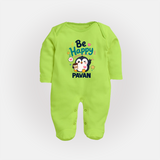 Be Happy Penguin Personalized Full Body Suit - LIME GREEN - New Born (Chest 7.5")