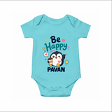Be Happy Penguin Personalized Romper - ARCTIC BLUE - New Born (Chest 14")