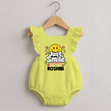 Just Smile Personalized Romper Frock - PASTEL YELLOW - 0 - 3 Months Old (Chest 19")