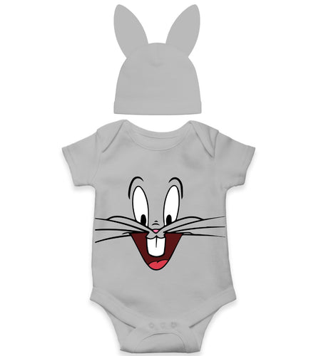 Grey Bunny Face Baby Romper with Ears Hat | Cute Rabbit Themed Onesie for Babies
