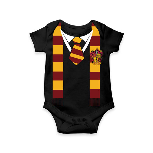 Black Bravemane Baby Romper | Wizard School Themed Onesie with Red And Gold Scarf Print