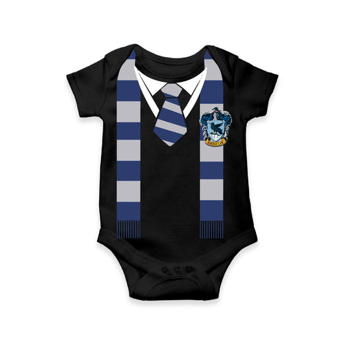 Black SilverBeak Baby Romper | Wizard School Themed Onesie with Blue And Silver Scarf Print