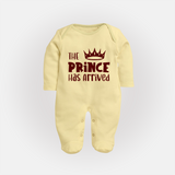 The Prince Has Arrived Sleep Suit | Custom Baby Sleep Suit for Your Little Prince - PASTEL YELLOW - New Born (Chest 7.5")