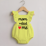 Mom + Dad Romper Frock | Custom Baby Romper Frock Celebrating Family Love - PASTEL YELLOW - 0 - 3 Months Old (Chest 19")