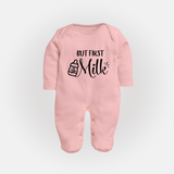 But First Milk Sleep Suit | Custom Baby Sleep Suit for Milk Lovers - BABY PINK - New Born (Chest 7.5")