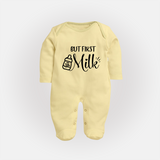 But First Milk Sleep Suit | Custom Baby Sleep Suit for Milk Lovers - PASTEL YELLOW - New Born (Chest 7.5")