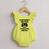 Achievement Unlocked New Character Created Romper Frock | Custom Baby Romper Frock for Milestones - PASTEL YELLOW - 0 - 3 Months Old (Chest 19")